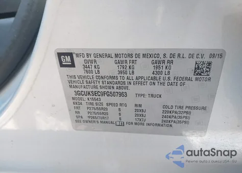 2015 Chevrolet Silverado 1500 1Lz from USA, damaged, VIN 3GCUKSEC9FG507963